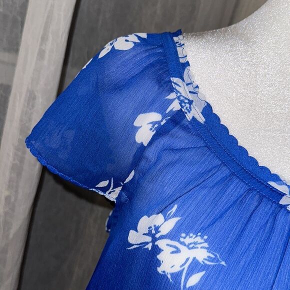 Hollister S Scoop Neck Short Sl Ruffle Hem Back Bow Tie Keyhole Floral Blouse - Picture 5 of 11